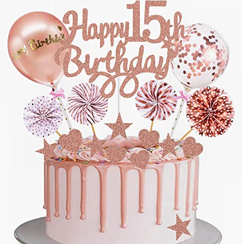 Yunchu Online Tortendeko 15. Geburtstag Mädchen Happy 15th Birthday Cake Topper Roségold Kuchen Topper 15 jahre Mädchen Kuchendeko 15. Geburtstag Tortendeko für 15. Geburtstag Cupcake Toppers von Yunchu Online