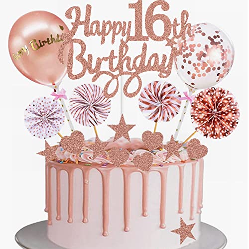 Yunchu Online Tortendeko 16. Geburtstag Mädchen Happy 16th Birthday Cake Topper Roségold Kuchen Topper 16 jahre Mädchen Kuchendeko 16. Geburtstag Tortendeko für 16. Geburtstag Cupcake Toppers von Yunchu Online