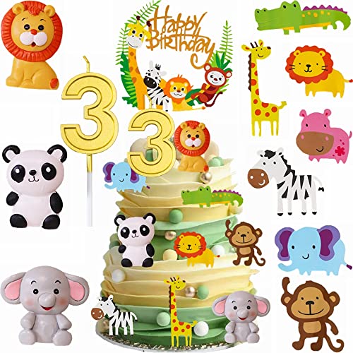 Yunchu Online Tortendeko 3. Geburtstag für Baby Kinder Mädchen Safaritiere Kuchendekoration Waldtiere Figuren Happy Birthday Kuchendeko Tiere Geburtstag Deko Kuchen Topper für 3 Jahr Junge Mädchen von Yunchu Online