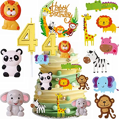 Yunchu Online Tortendeko 4. Geburtstag für Baby Kinder Mädchen Safaritiere Kuchendekoration Waldtiere Figuren Happy Birthday Kuchendeko Tiere Geburtstag Deko Kuchen Topper für 4 Jahr Junge Mädchen von Yunchu Online