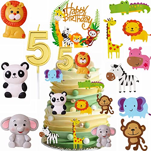 Yunchu Online Tortendeko 5. Geburtstag für Baby Kinder Mädchen Safaritiere Kuchendekoration Waldtiere Figuren Happy Birthday Kuchendeko Tiere Geburtstag Deko Kuchen Topper für 5 Jahr Junge Mädchen von Yunchu Online