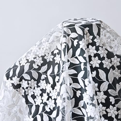 Weißer Spitzenstoff, Stickerei stoff, Französischer Stickereistoff, Glitzernder Tüll stoff, nähstoff, Mesh Blumenstoff zum Nähen von Hochzeits- und Partykleidern (5 Yard Vorschnitt, Laub) von Yungensse