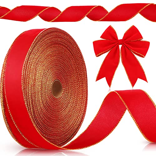 80 Meter Weihnachts-Samtband mit Draht mit Goldrand, 5.1 cm, Weihnachts-Samtband, Satinband, Vintage, breite Drahtrand, Wickelband für Weihnachtskranz, Schleifen, Bastelornamente, Geschenk (rot) von Yungyan