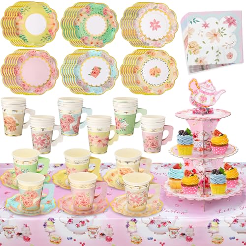 Yungyan 110-teiliges Teeparty-Zubehör, Blumen-Partygeschirr, 36-teiliges Set beinhaltet 3-stöckige Blumen-Kuchenständer, 15,2 cm, Papier-Dessertteller, 266 ml, Papier-Teetassen mit Griff, Servietten Yungyan 110-teiliges Teeparty-Zubehör, Blumen-Partygeschirr, 36-teiliges Set beinhaltet 3-stöckige Blumen-Kuchenständer, 15,2 cm, Papier-Dessertteller, 266 ml, Papier-Teetassen mit Griff, Servietten von Yungyan