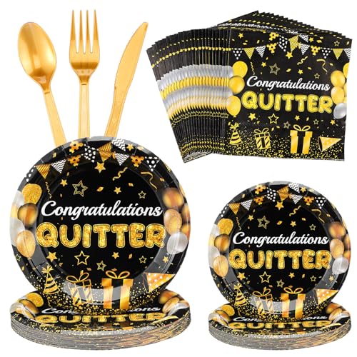 Yungyan 144 Stück Congratulations Quitter Partyzubehör Schwarz Gold Ruhestand Party Dekorationen für 24 Gäste Happy Retirement Geschirr Teller Servietten für Männer Frauen Gastgeschenke von Yungyan