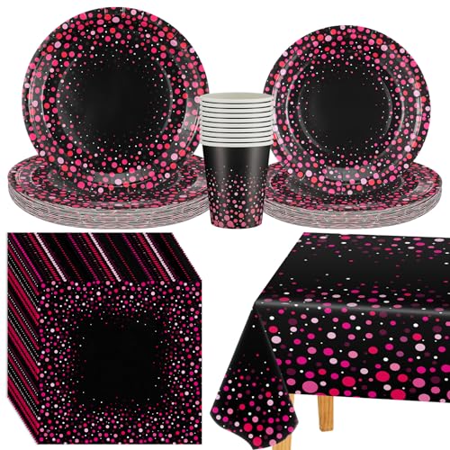 Yungyan 97-teiliges Partyzubehör in Hot Pink und Schwarz, inklusive 24 pinken Punkten auf schwarzen Papierservietten, 24 große Teller, 24 kleine Teller, 24 Becher, 1 Kunststoff-Tischdecke für von Yungyan