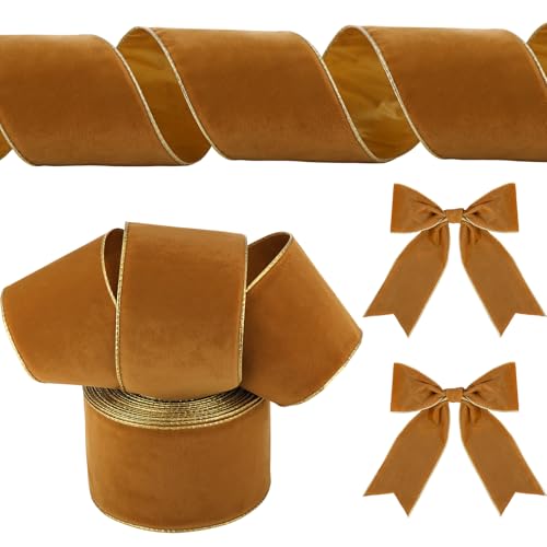 Yungyan Samtbänder mit goldenem Rand, Filzband, Geschenkschleife, Geschenkband für Handarbeit, Heimdekoration, Geschenkverpackung, Kranz, Basteln, Weihnachtsbaum (10,2 cm x 30 m, Khaki, Gold) von Yungyan
