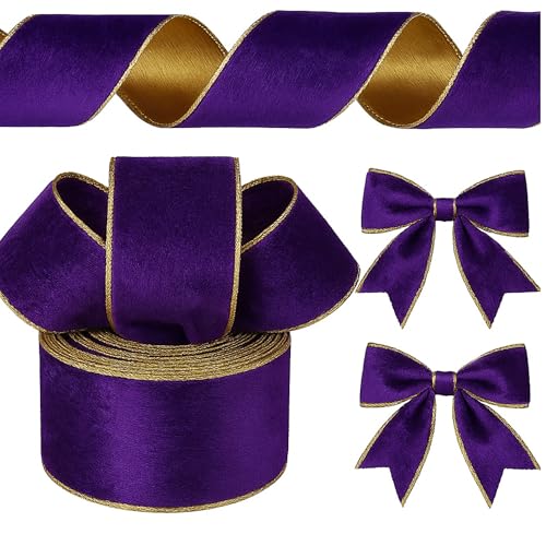 Yungyan Samtbänder mit goldenem Rand, Filzband, Geschenkschleife, Geschenkband für Handarbeit, Heimdekoration, Geschenkverpackung, Kranz, Basteln, Weihnachtsbaum (6,3 cm x 30 m, Lila, Gold) von Yungyan