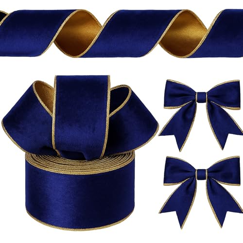 Yungyan Samtbänder mit goldenem Rand, Filzband, Geschenkschleife, Geschenkband für Handarbeit, Heimdekoration, Geschenkverpackung, Kranz, Basteln, Weihnachtsbaum (6,3 cm x 30 m, Marineblau, Gold) von Yungyan