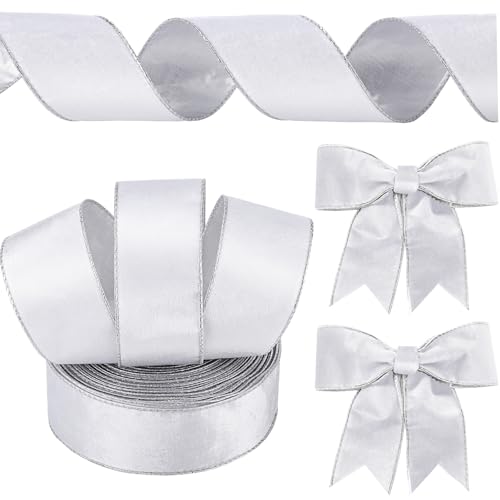 Yungyan Samtbänder mit goldenem Rand, Filzband, Geschenkschleife, Geschenkband für Handarbeit, Heimdekoration, Geschenkverpackung, Kranz, Basteln, Weihnachtsbaum (6,3 cm x 30 m, Silber) von Yungyan