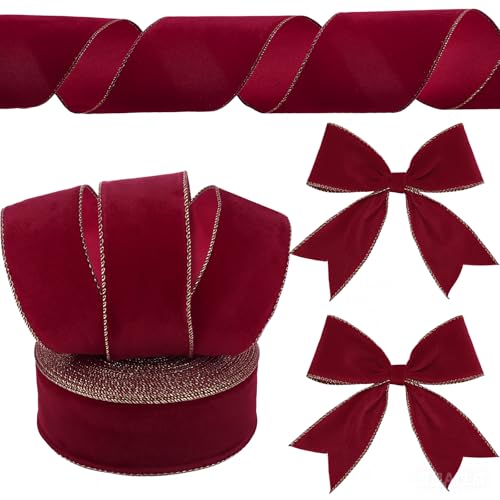 Yungyan Samtbänder mit goldenem Rand, Filzband, Geschenkschleife, Geschenkband für Handarbeit, Heimdekoration, Geschenkverpackung, Kranz, Basteln, Weihnachtsbaum (6,3 cm x 60 m, Burgunderrot) von Yungyan