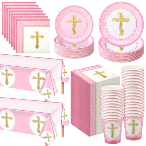 Yungyan Set mit 24 Tauftellern Servietten und 2 Tischdecken Rosa Taufe Party Supplies Dekorationen für Mädchen Erstkommunion Religiöse Taufe Konfirmation Babyparty Geeignet für Gäste von Yungyan