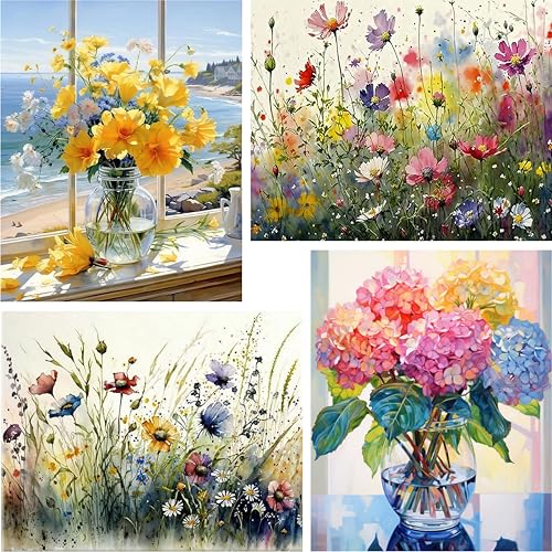 Yunruily 4 Pack Blumen malen nach Zahlen Erwachsene-Blumen malen nach Zahlen Kits für Erwachsene,Blumen malen nach Zahlen auf Leinwand für Geschenke nach Hause Wanddekoration(30CMx40CM) von Yunruily