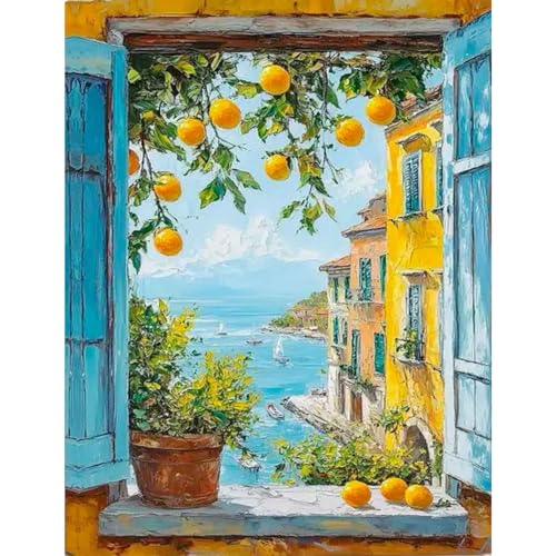 Yunruily Malen Nach Zahlen Erwachsene Zitronenbaum-Adult Paint by Numbers,Fenster-Ansicht Diy Malen Nach Zahlen und Acrylfarbe,zur Heimdekoration,Kein Rahmen (40cmx50cm) von Yunruily