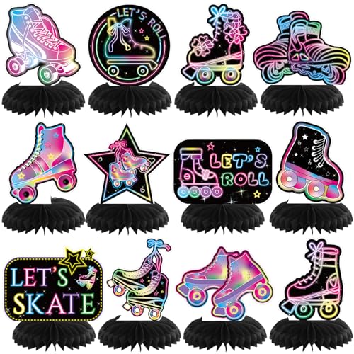 Yuntau 12 Stück Rollschuh-Party-Dekorationen, Waben-Mittelstücke, Let's Skate, Geburtstagstischschild, 3D-Waben, Tischdekoration für Rollschuhlaufen, Motto-Party-Zubehör von Yuntau