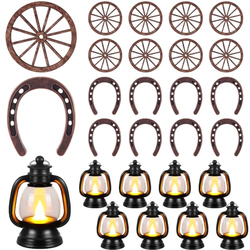 Yuntau 24 Stück Western-Motto-Party-Dekorationen, Cowboy-Tischaufsätze, Glücks-Hufeisen, Mini-Laterne, Holzwagenrad, Dekoration für Bastelarbeiten, Western-Cowboy, Party, Geburtstag, Hochzeit von Yuntau