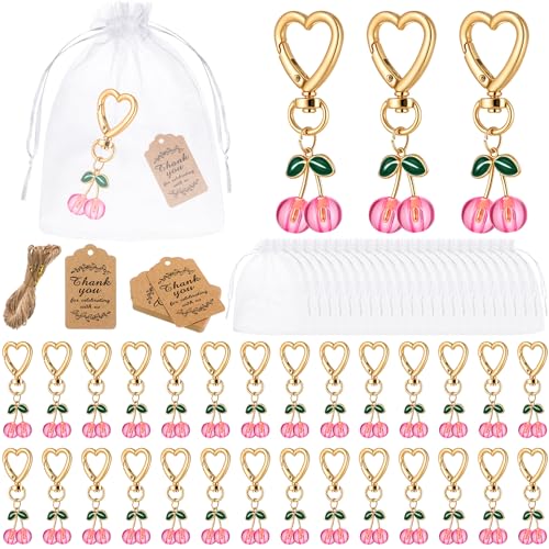 Yuntau Kirsch-Schlüsselanhänger, Partyzubehör, Kirsche, Schlüsselanhänger, Geschenk mit Dankeschön-Etiketten, Organza für Gäste, Frauen, niedliche Tasche, Geldbörse, Charms, Partyzubehör, 24 Stück von Yuntau
