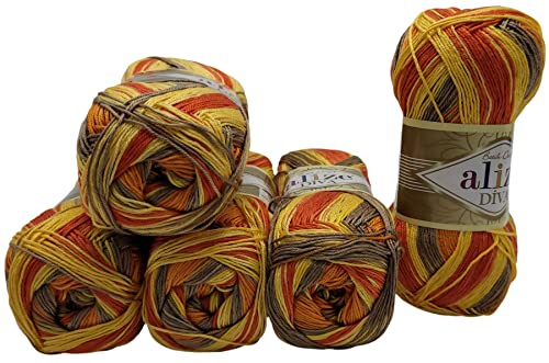 5 x 100 Gramm Alize Diva Batik Wolle mehrfarbig mit Farbverlauf, 500 Gramm merzerisierte Strickwolle Microfiber-Acryl (terrakotta orange gelb taupe 7632) von Yunteks