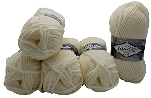5 x 100 Gramm Alize Superlana Maxi Wolle, 500 Gramm Strickwolle 75% Acryl 25% Wolle (creme 62) von Yunteks