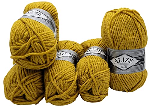Yunteks 5 x 100 Gramm Alize Superlana Maxi Wolle, 500 Gramm Acryl-Wollmischung 75% Acryl 25% Wolle (Goldgelb) von Yunteks
