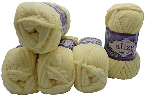 5 x 100 Gramm Alize Velluto Strickwolle, Babywolle, 500 Gramm Wolle Super soft Bulky (vanille 13) von Yunteks