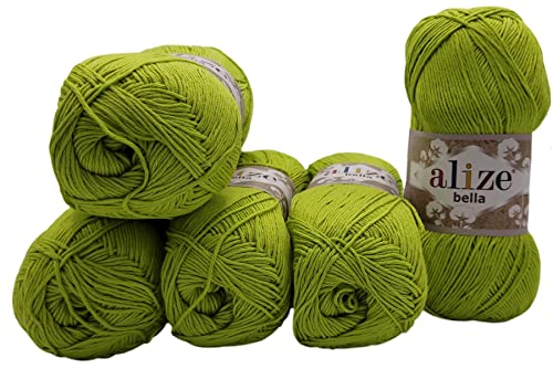 5 x 100 Gramm Baumwolle Bella einfarbig, 500 Gramm Wolle aus 100% Baumwolle, Strickwolle uni (kiwi 165) von Yunteks