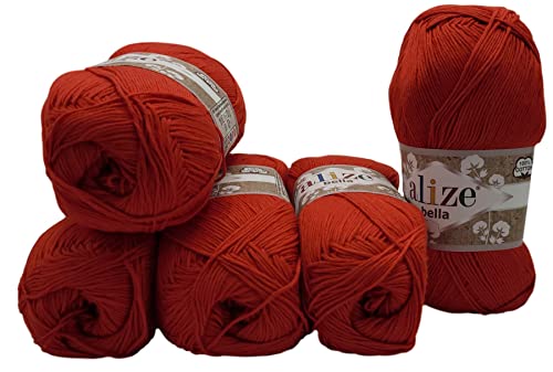 5 x 100 Gramm Baumwolle Bella einfarbig, 500 Gramm Wolle aus 100% Baumwolle, Strickwolle uni (rot 56) von Yunteks