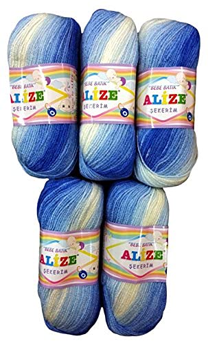 5 x 100g Babywolle Sekerim Bebe Batik mehrfarbig, 500 Gramm Acryl - Wolle bunt (blau weiss 3481) von Yunteks