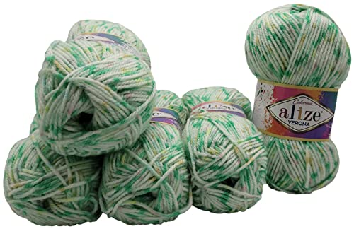 Yunteks 5 x 100g Babywolle Verona Batik mehrfarbig, 500 Gramm Acryl - Wolle bunt, colormix (weiss grün gelb rosa 7704) von Yunteks