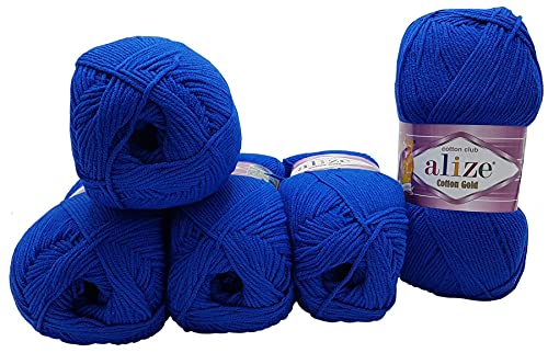 5 x 100g Strickwolle Alize Cotton gold mit 55% Baumwolle, 500 Gramm Wolle einfarbig (blau 141) von Yunteks
