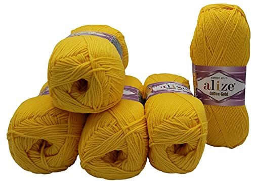 Yunteks 5 x 100g Strickwolle Alize Cotton gold mit 55% Baumwolle, 500 Gramm Wolle einfarbig (gelb 216) von Yunteks
