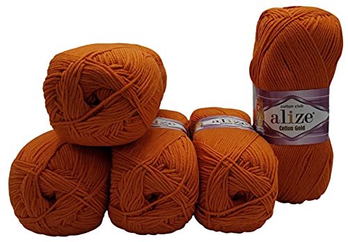 Yunteks 5 x 100g Strickwolle Alize Cotton gold mit 55% Baumwolle, 500 Gramm Wolle einfarbig (orange 37) von Yunteks