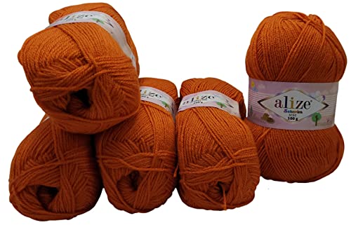 Yunteks 5 x 100g Strickwolle Alize Sekerim Bebe, 500 Gramm Wolle einfarbig, Babywolle (orange 37) von Yunteks