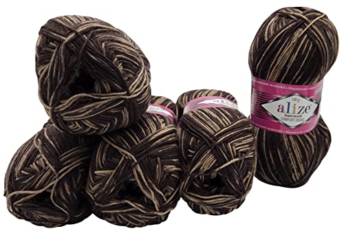 Yunteks 500 Gramm Sockenwolle mehrfarbig, 75 Prozent Schurwolle, 5x 100 Wolle für Stricksocken und Strümpfe (braun beige 7678) von Yunteks