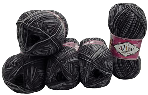 500 Gramm Sockenwolle mehrfarbig, 75% Schurwolle, 5x 100 Gramm Wolle für Stricksocken und Strümpfe (schwarz grau 7676) von Yunteks