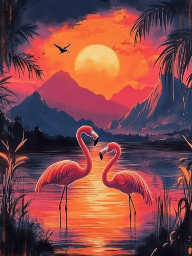 Malen Nach Zahlen Flamingo Malen Nach Zahlen Erwachsene Sonnenuntergang, DIY Painting by Numbers Set für Kinder Anfänger, Mit 3 Pinsel und Hochwertige Acrylfarbe, Home Deko Geschenke 50x70cm YH-353 von Yuogyxog