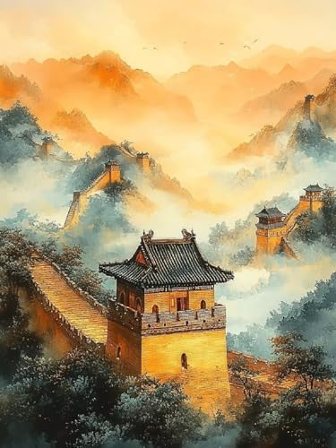 Malen Nach Zahlen Große Mauer Malen Nach Zahlen Erwachsene Landschaft, DIY Painting by Numbers Set für Kinder Anfänger, Mit 3 Pinsel Fein und Hochwertige Acrylfarbe, Home Deko Geschenke 60x80cm YH-305 von Yuogyxog