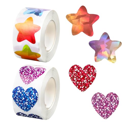 2 Rollen 1000 Stück Sterne Aufkleber, Bunte Herz Sticker Wasserdicht, Selbstklebend Aufkleber Kinder, Glitzer Sticker für Diy Scrapbooking, Dekoration, Belohnung, Kalende, Lehrer von Yuomeaz