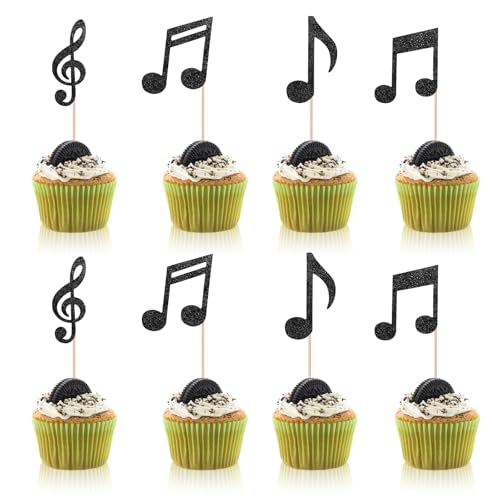 Cupcake-Aufsätze, Musik-Cupcake-Dekorationen, schwarz, "Happy Birthday"-Cupcake-Topper, personalisierte Kuchendekoration für Muttertag, Musiksymbol, Konzert, Themenparty, Dekoration, Zubehör, 36 Stück von Yuomeaz