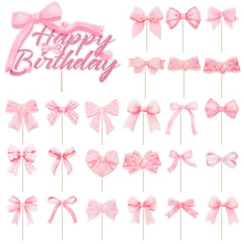 Cupcake-Topper mit rosa Schleife, große rosa Schleife, Happy Birthday-Aufsätze, Schleifenkuchen-Topper, Dekorationen für Rosa, Kokette, Mottoparty-Dekoration, Hochzeit, Junggesellinnenabschied von Yuomeaz