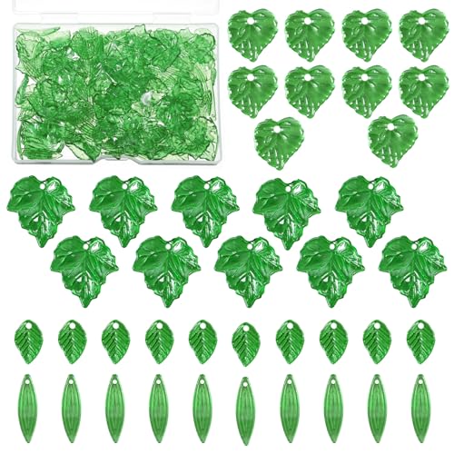 Glasblattperlen mit 1 Kreuzeinfädler, 4 Formen, transparente grüne Acrylperlen für Schmuckherstellung, Blattform, Kristallpflanzen-Charms, Perlenkappen für Bastelarbeiten, Ohrringe, Halsketten, 150 von Yuomeaz