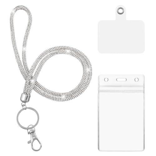 Handykette Glitzer, Schlüsselband 45 cm Weiß Schlüsselanhänger mit Kartenhalter und Handykette Universalpads, Anti Drop Bling Bling Lanyard mit Schlüsselring für Kartenhalter Schlüsselanhänger von Yuomeaz
