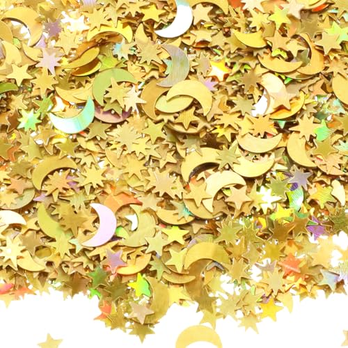 Yuomeaz 4000 Stück Goldstern-Konfetti, Glitzer-Folien-Konfetti, Streusel Mond und Sterne für Tisch, Stern-Pailletten für Hochzeit, Party, Geburtstag, Festival, Dekorationen (45 g) von Yuomeaz