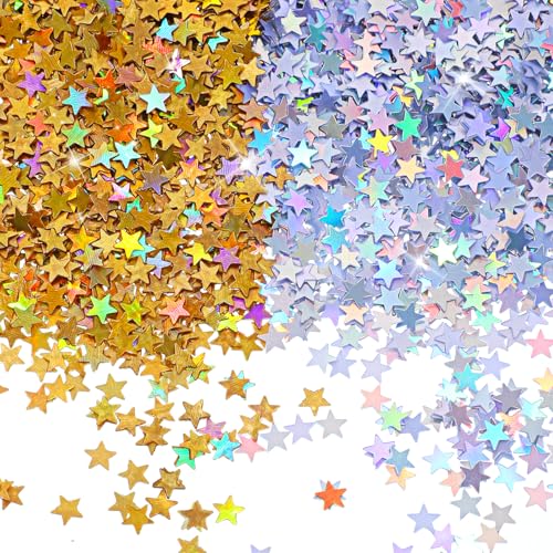 Yuomeaz 60 g Stern-Konfetti, Glitzerstern-Konfetti für Tisch, goldene und bunte Streusel, Sterne, Pailletten für Hochzeit, Party, Geburtstag, Festival, Dekorationen (6 mm) von Yuomeaz