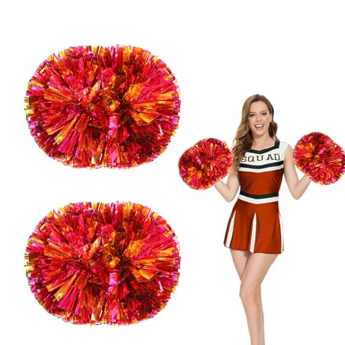 Yuqilin 2 Stücke Cheerleader Pompons,Metall Pompons Cheerleader Sportteams Pompoms Cheerleading mit Griff Pompons Cheerleading,für Tanzen Pompon Sport Wettbewerb Teamgeist（Gold+Rot+Rosarot） von Yuqilin