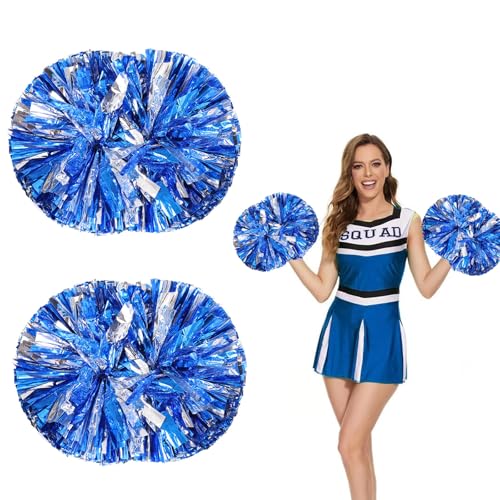 Yuqilin 2 Stücke Cheerleader Pompons，Metall Pompons Cheerleader Sportteams Pompoms Cheerleading mit Griff Pompons Cheerleading，für Tanzen Pompon Sport Wettbewerb Teamgeist（Silber+Blau） von Yuqilin