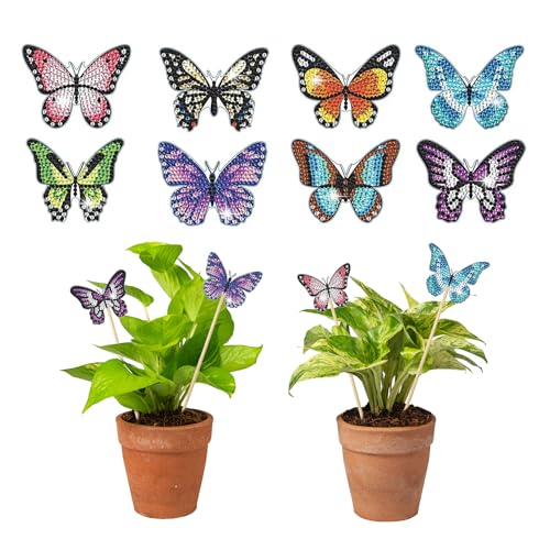 Yuqilin 8 Stück Diamond Painting Schmetterling,Glänzend Schmetterling Diamond Painting Kits Blumenstecker Diamond Painting DIY Basteln Ornaments Zubehör,für Gärten und Innenräume von Yuqilin