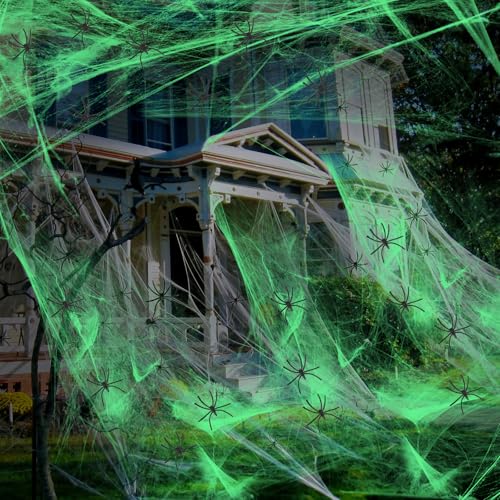 Yuragim Leuchtend Spinnennetz Halloween Deko - 200g Spinnweben Mit 30 Spinnen für Garten, Tür, Fenster - Horror Dekoration für Party, Outdoor, Indoor Yuragim Leuchtend Spinnennetz Halloween Deko - 200g Spinnweben Mit 30 Spinnen für Garten, Tür, Fenster - Horror Dekoration für Party, Outdoor, Indoor von Yuragim
