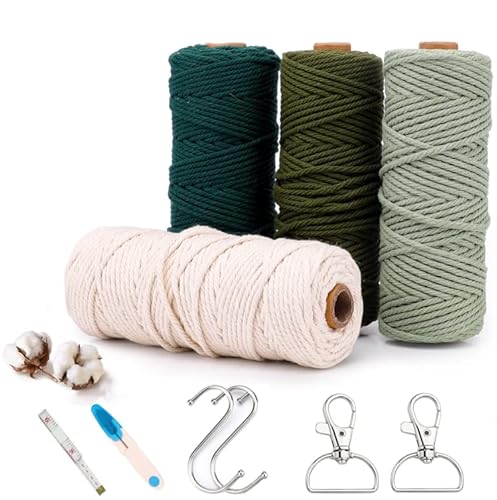 Yuragim Makramee Garn 3mmx50m, 4er Makramee Set Bunt Farbverlauf, Natur Baumwollgarn Macrame Cord Makramee Zubehör Weihnachtsdeko-Set für DIY Handwerk Bastelset Boho Deko Blumenampel Wandbehänge, Grün Yuragim Makramee Garn 3mmx50m, 4er Makramee Set Bunt Farbverlauf, Natur Baumwollgarn Macrame Cord Makramee Zubehör Weihnachtsdeko-Set für DIY Handwerk Bastelset Boho Deko Blumenampel Wandbehänge, Grün von Yuragim