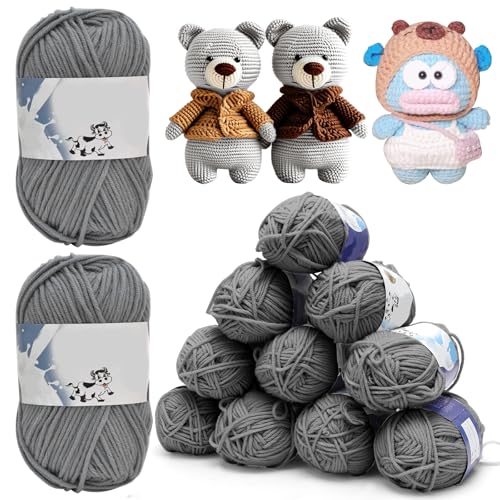 Yuraigm Häkelgarn 12er* 50g/Ball, Super Weiche Wolle Strickgarn Baumwolle zum Häkeln, Antipilling Babywolle zum Stricken 100% Acryl Garn für Anfänger und Kinder Zum Strickprojekt (Grau) von Yuragim